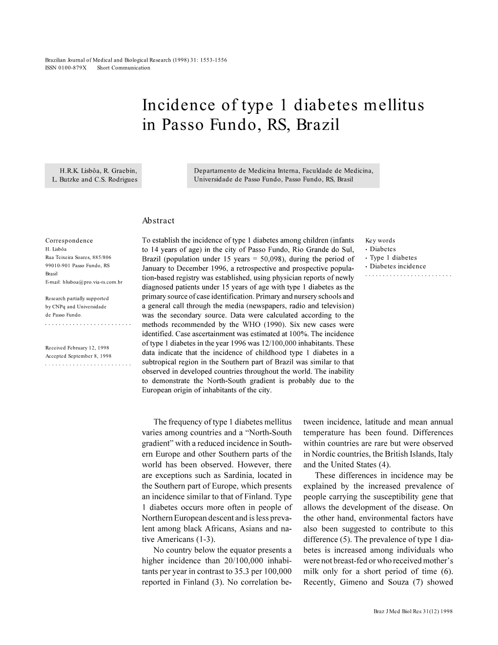 Incidence of Type 1 Diabetes Mellitus in Passo Fundo, RS, Brazil