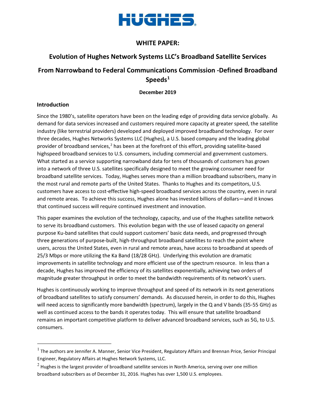 Evolution of Hughes Network Systems LLC's Broadband Satellite Services