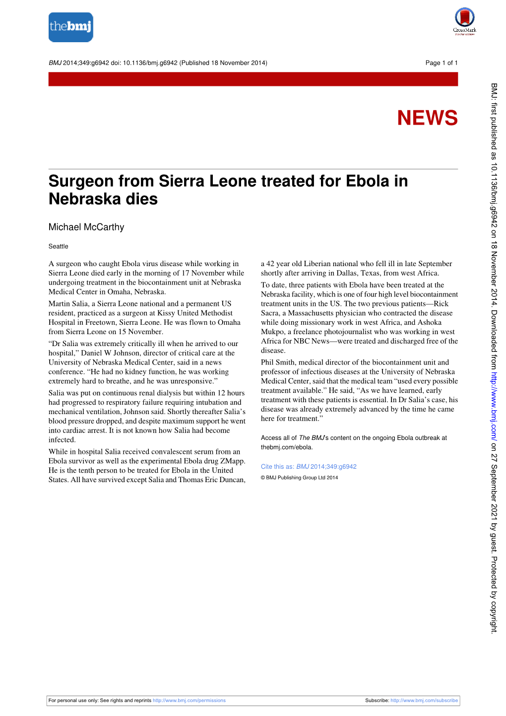 Surgeon from Sierra Leone Treated for Ebola in Nebraska Dies