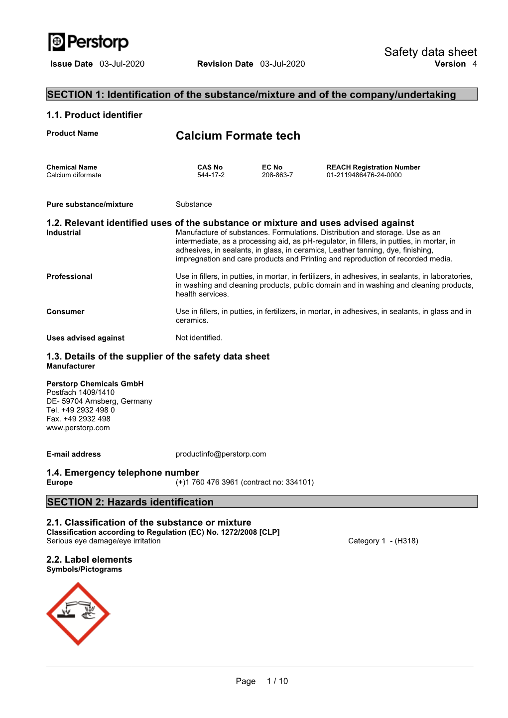 Safety Data Sheet Calcium Formate Tech