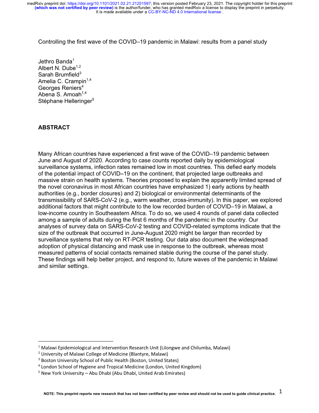 Controlling the First Wave of the COVID–19 Pandemic in Malawi: Results from a Panel Study