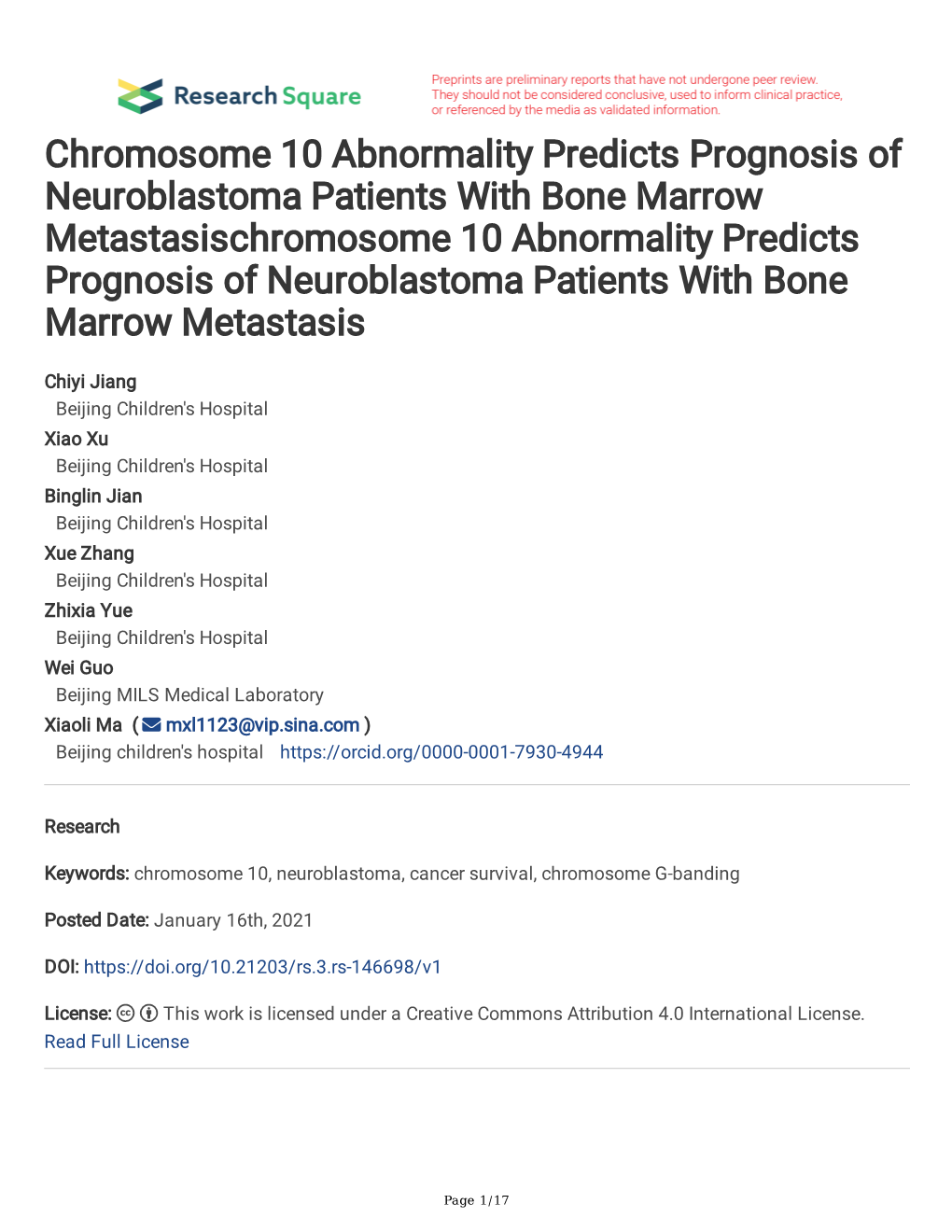 Chromosome 10 Abnormality Predicts Prognosis of Neuroblastoma