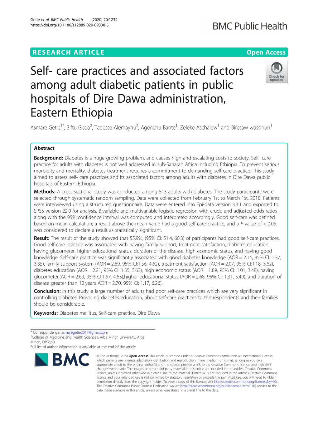 Self- Care Practices and Associated Factors Among Adult Diabetic Patients in Public Hospitals of Dire Dawa Administration, Easte