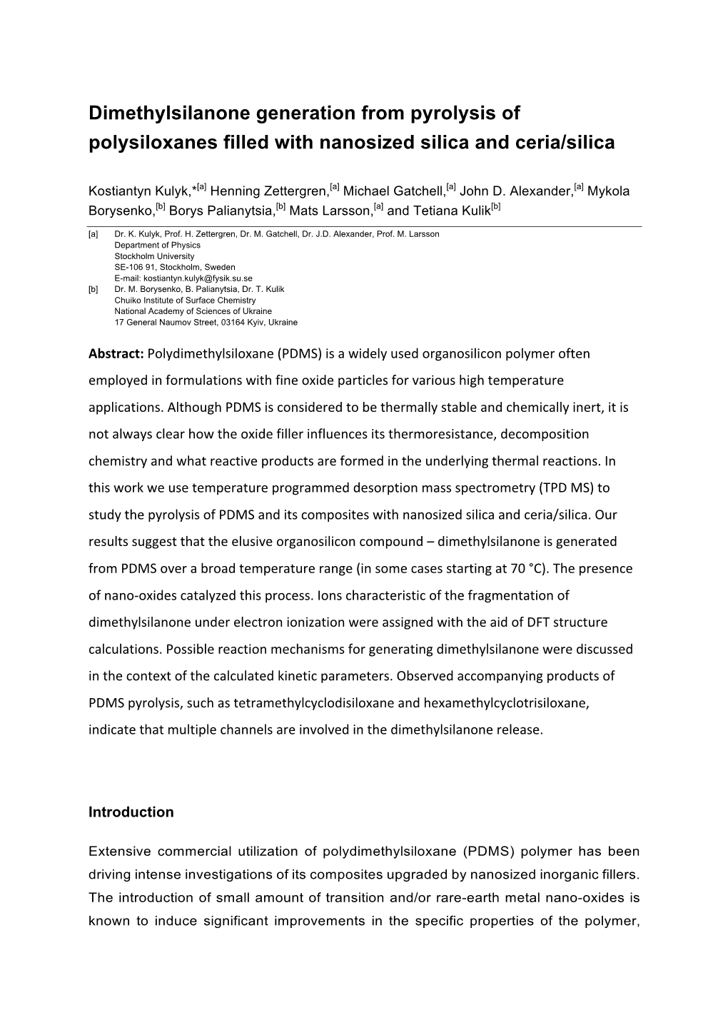 Dimethylsilanone Generation from Pyrolysis of Polysiloxanes Filled with Nanosized Silica and Ceria/Silica