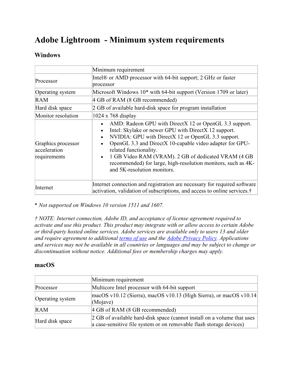 Adobe Lightroom - Minimum System Requirements