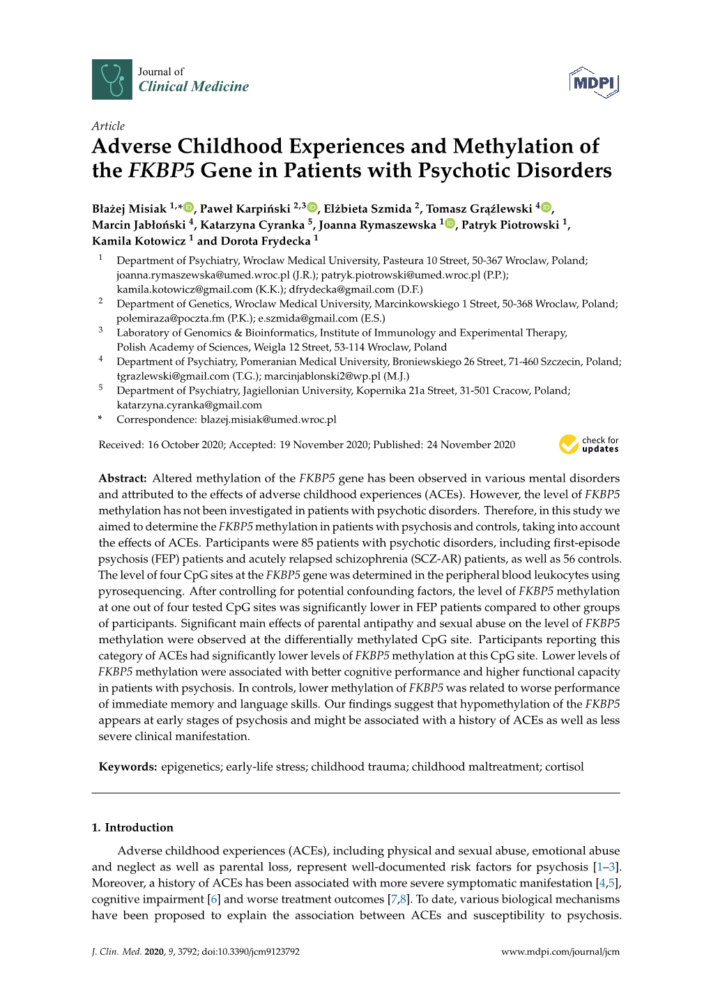 Adverse Childhood Experiences and Methylation of the FKBP5 Gene in Patients with Psychotic Disorders