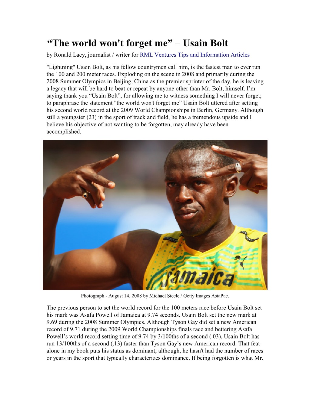 Usain Bolt by Ronald Lacy, Journalist / Writer for RML Ventures Tips and Information Articles