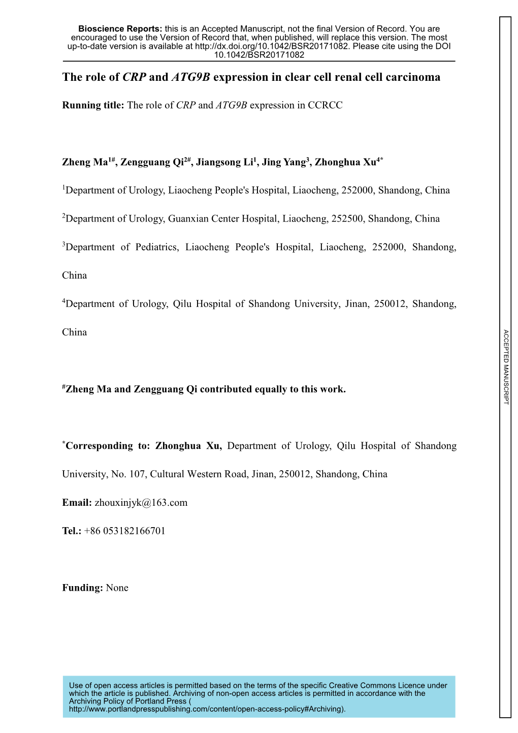 The Role of CRP and ATG9B Expression in Clear Cell Renal Cell Carcinoma