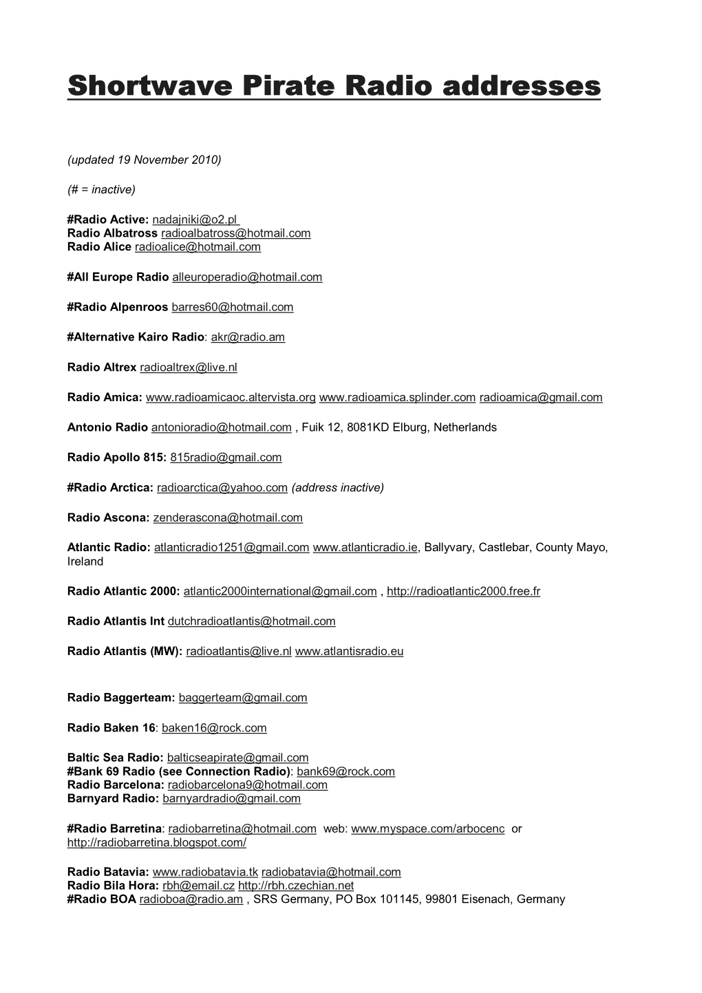 Shortwave Pirate Radio Addresses