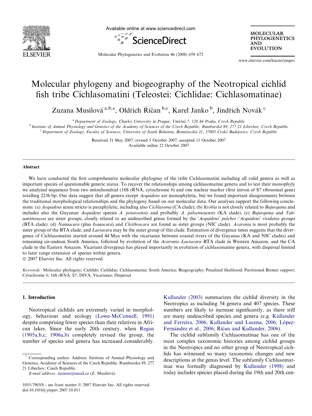 Molecular Phylogeny and Biogeography of the Neotropical Cichlid ﬁsh Tribe Cichlasomatini (Teleostei: Cichlidae: Cichlasomatinae)