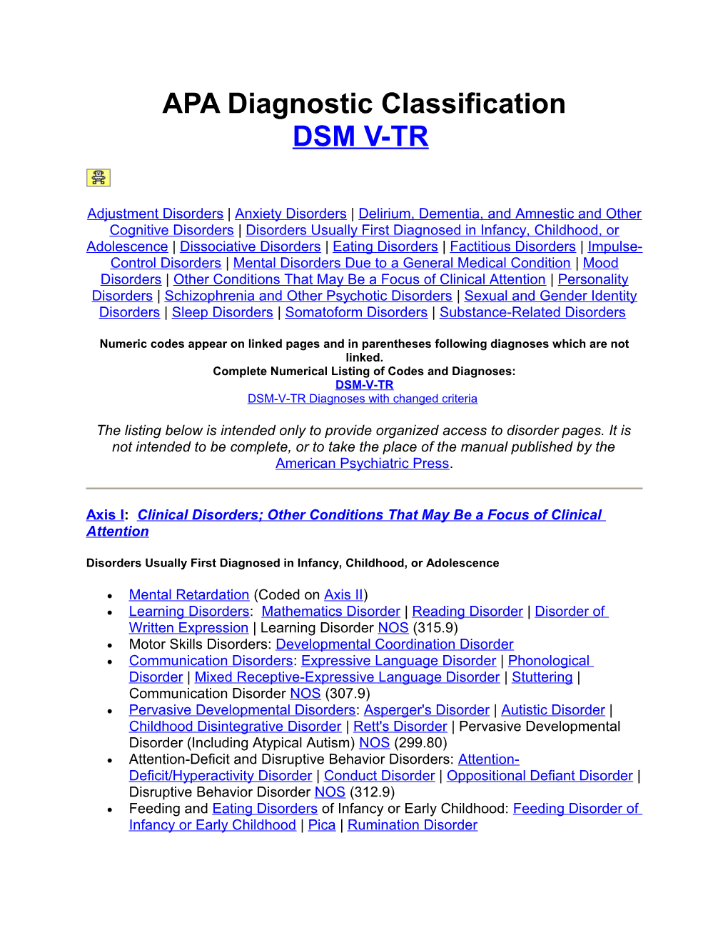 APA Diagnostic Classification DSM V-TR