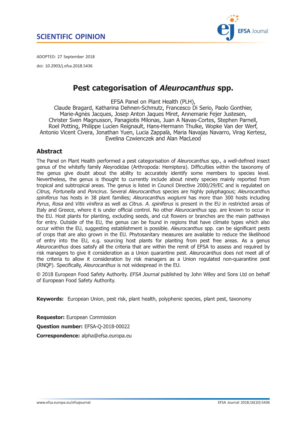 Pest Categorisation of Aleurocanthus Spp
