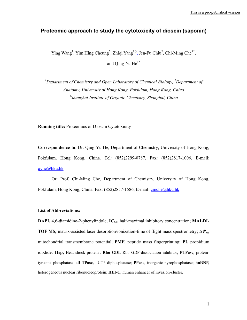 Proteomic Approach to Study the Cytotoxicity of Dioscin (Saponin)