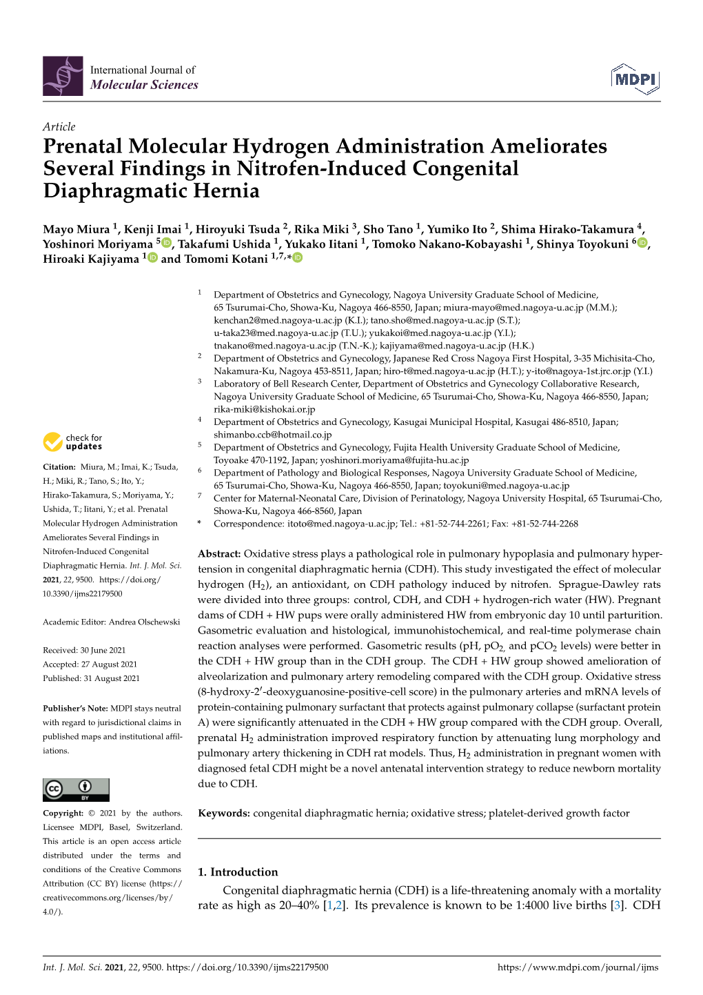 Prenatal Molecular Hydrogen Administration Ameliorates Several Findings in Nitrofen-Induced Congenital Diaphragmatic Hernia