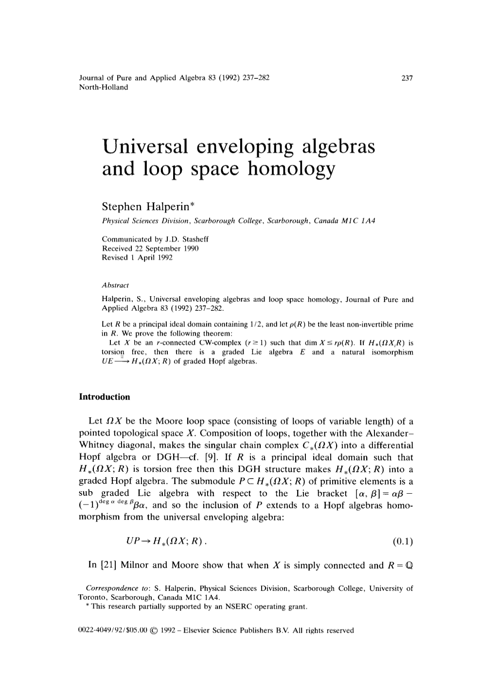 Universal Enveloping Algebras and Loop Space Homology