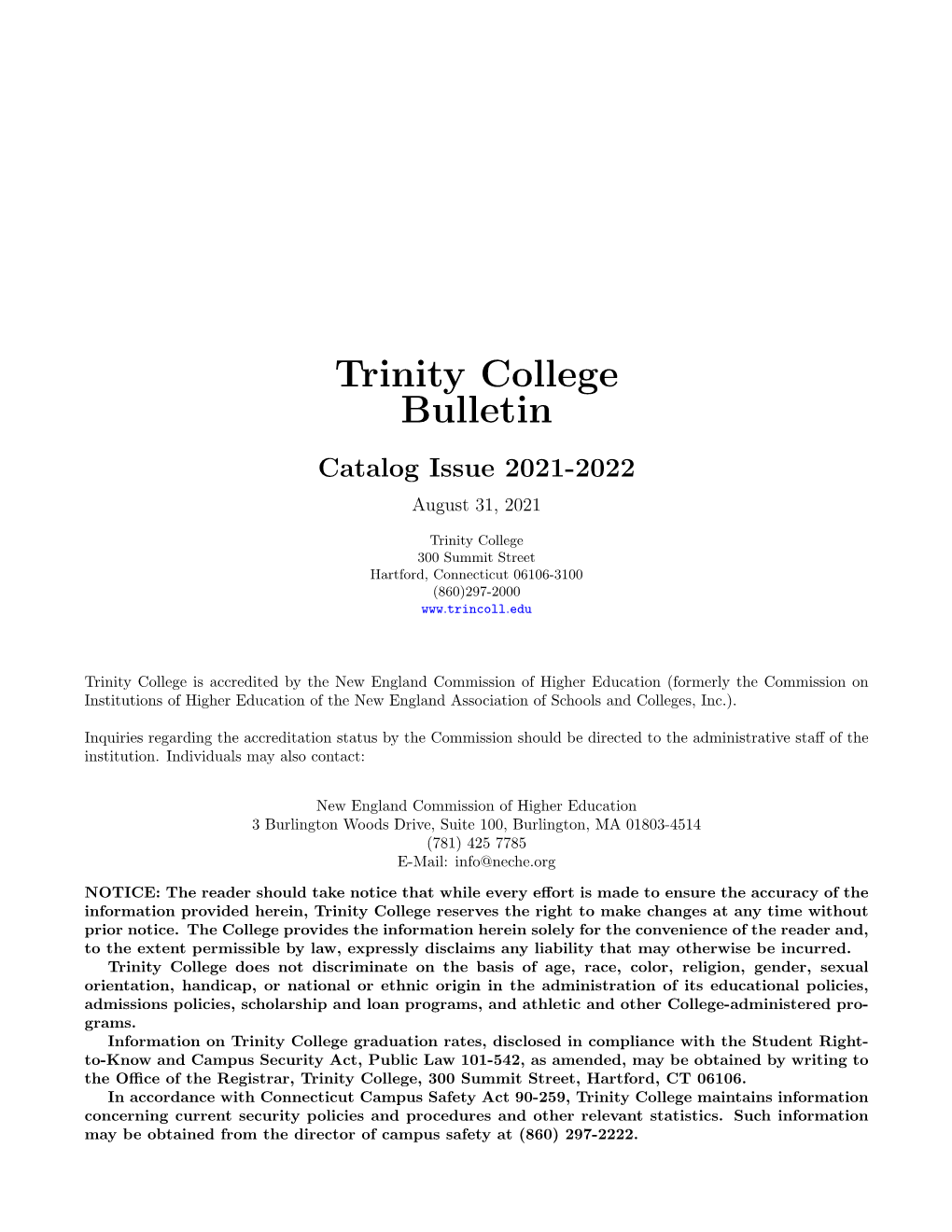 Trinity College Bulletin Catalog Issue 2021-2022 August 31, 2021