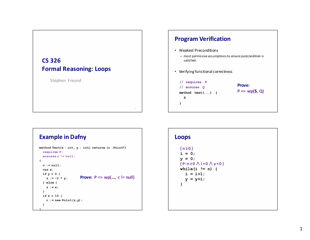 CS 326 Formal Reasoning: Loops Program Verification Example In