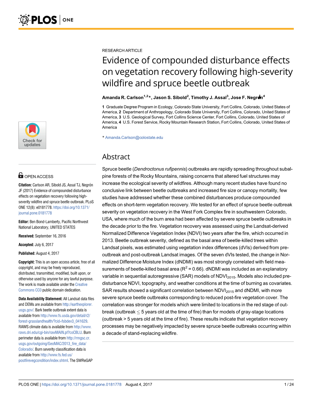 Evidence of Compounded Disturbance Effects on Vegetation Recovery Following High-Severity Wildfire and Spruce Beetle Outbreak