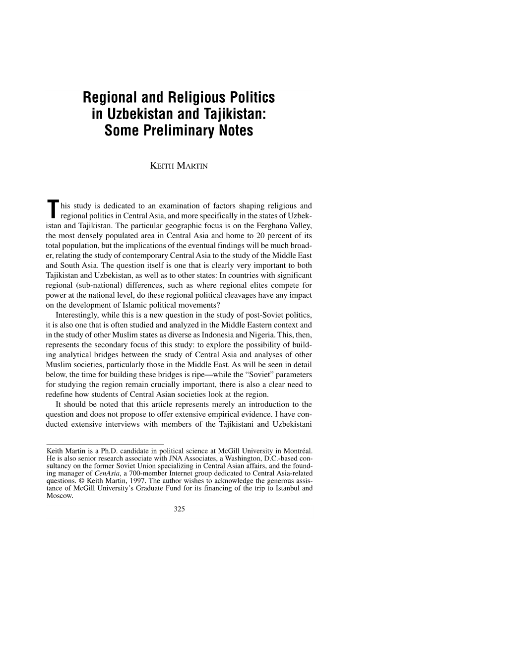 Regional and Religious Politics in Uzbekistan and Tajikistan: Some Preliminary Notes