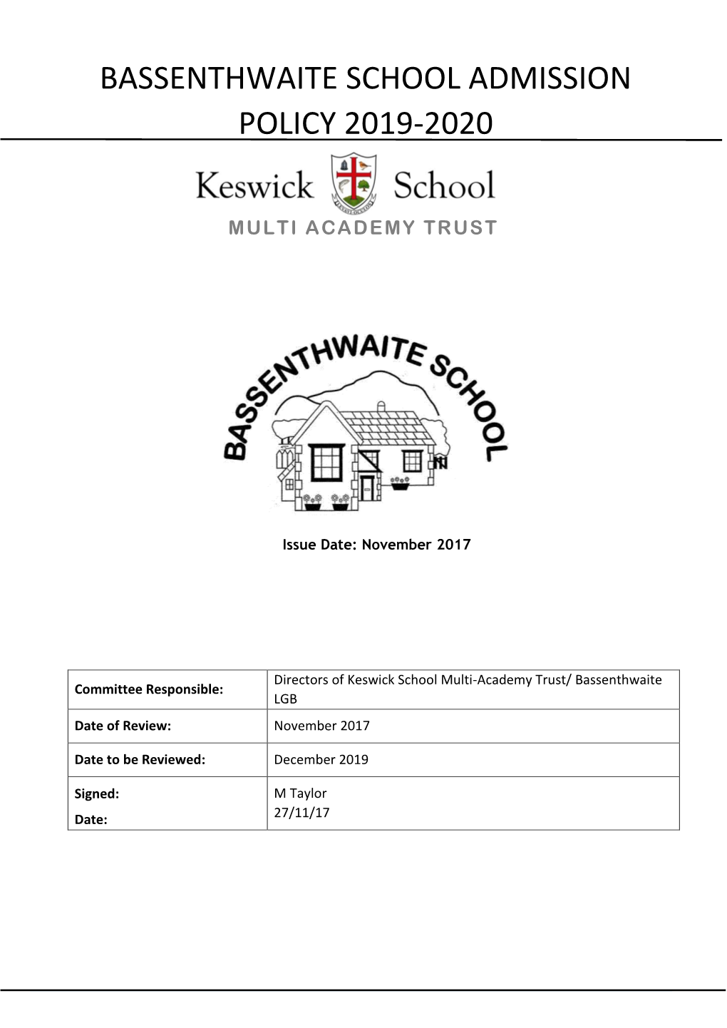 Bassenthwaite School Admission Policy 2019-2020