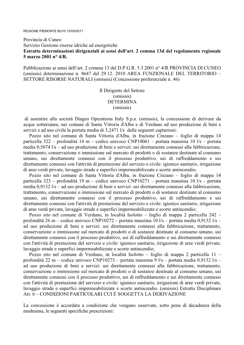 Provincia Di Cuneo Servizio Gestione Risorse Idriche Ed Energetiche Estratto Determinazioni Dirigenziali Ai Sensi Dell'art