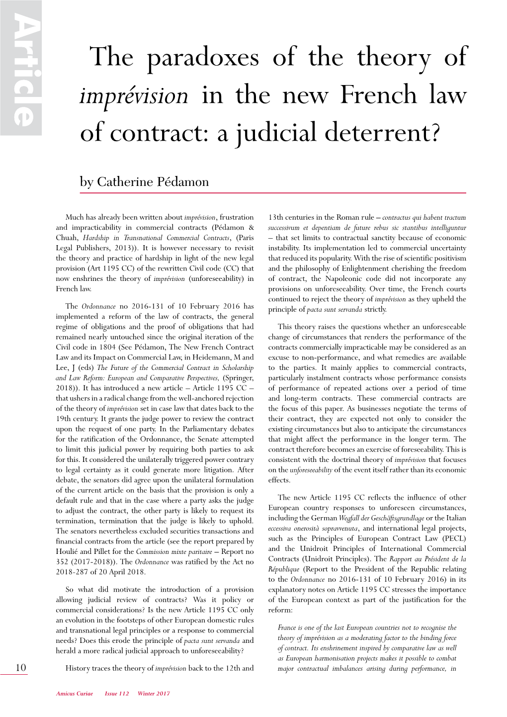 The Paradoxes of the Theory of Imprévision in the New French Law of Contract: a Judicial Deterrent?