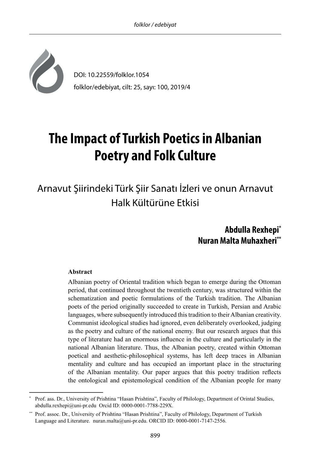 The Impact of Turkish Poetics in Albanian Poetry and Folk Culture