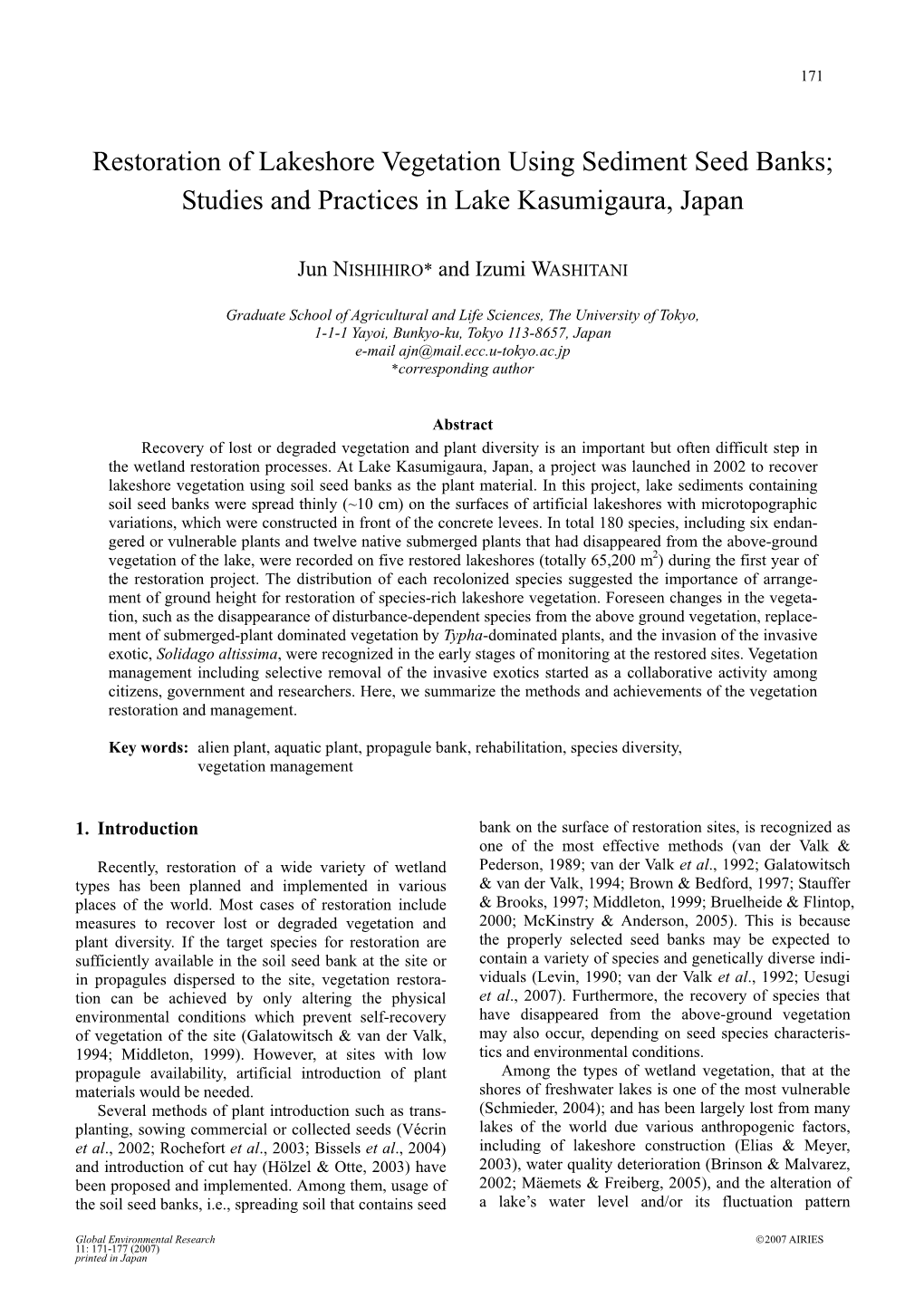 Restoration of Lakeshore Vegetation Using Sediment Seed Banks; Studies and Practices in Lake Kasumigaura, Japan