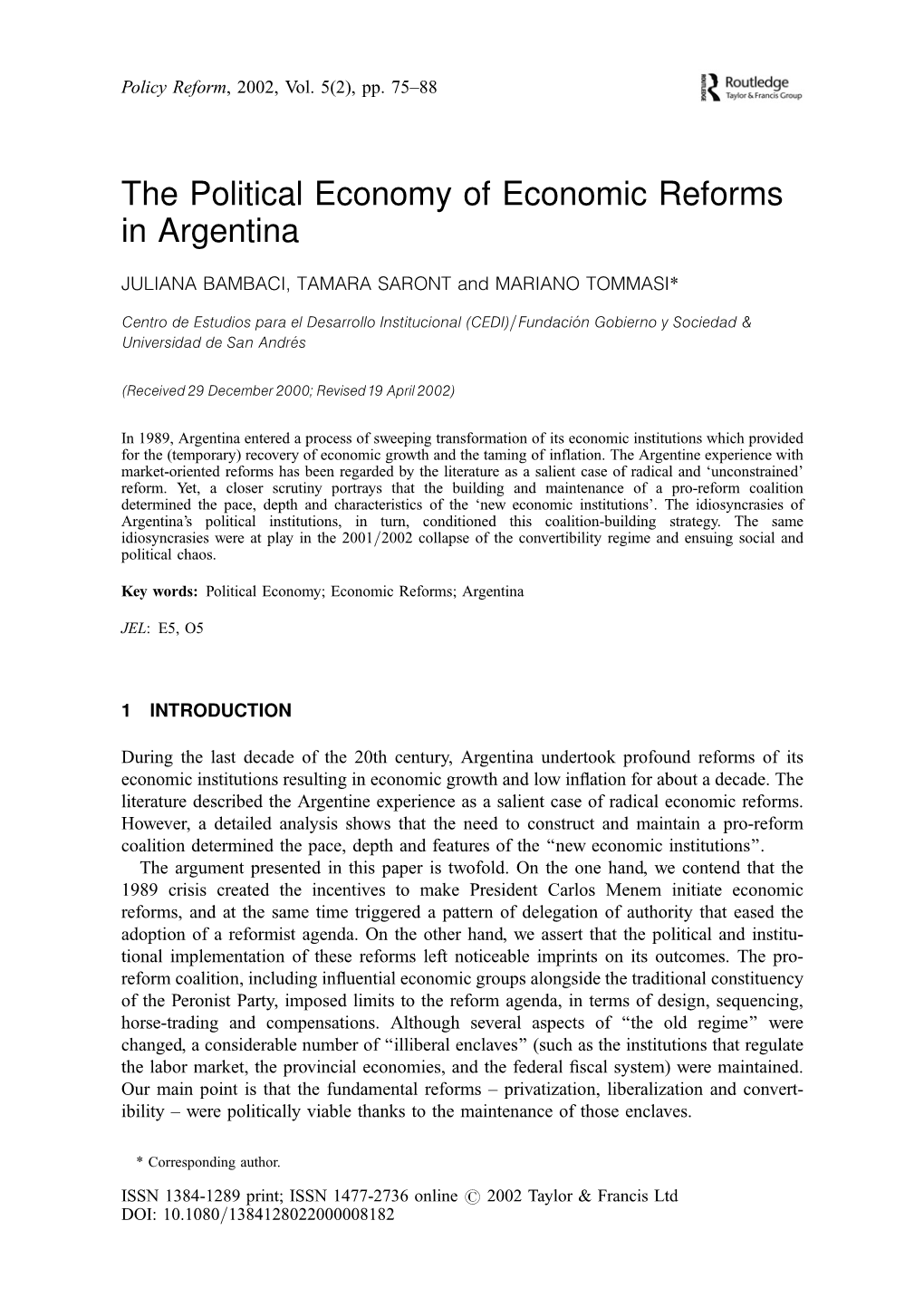 The Political Economy of Economic Reforms in Argentina