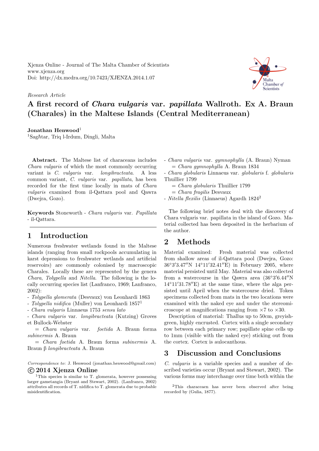 A First Record of Chara Vulgaris Var. Papillata Wallroth. Ex A. Braun (Charales) in the Maltese Islands (Central Mediterranean)