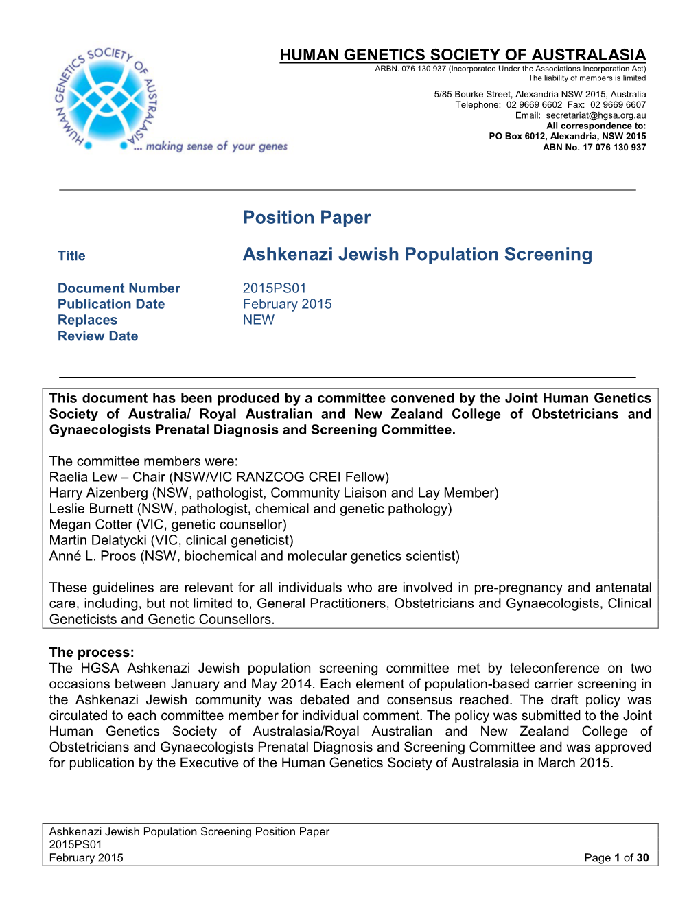 Position Paper Ashkenazi Jewish Population Screening