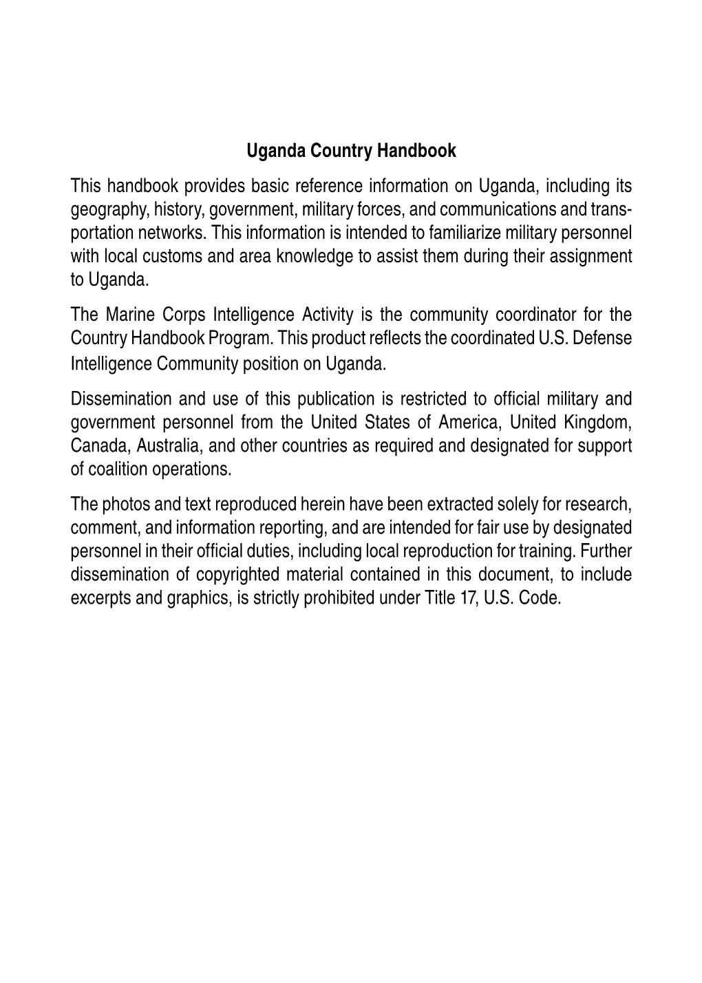 Uganda Country Handbook This Handbook Provides Basic Reference