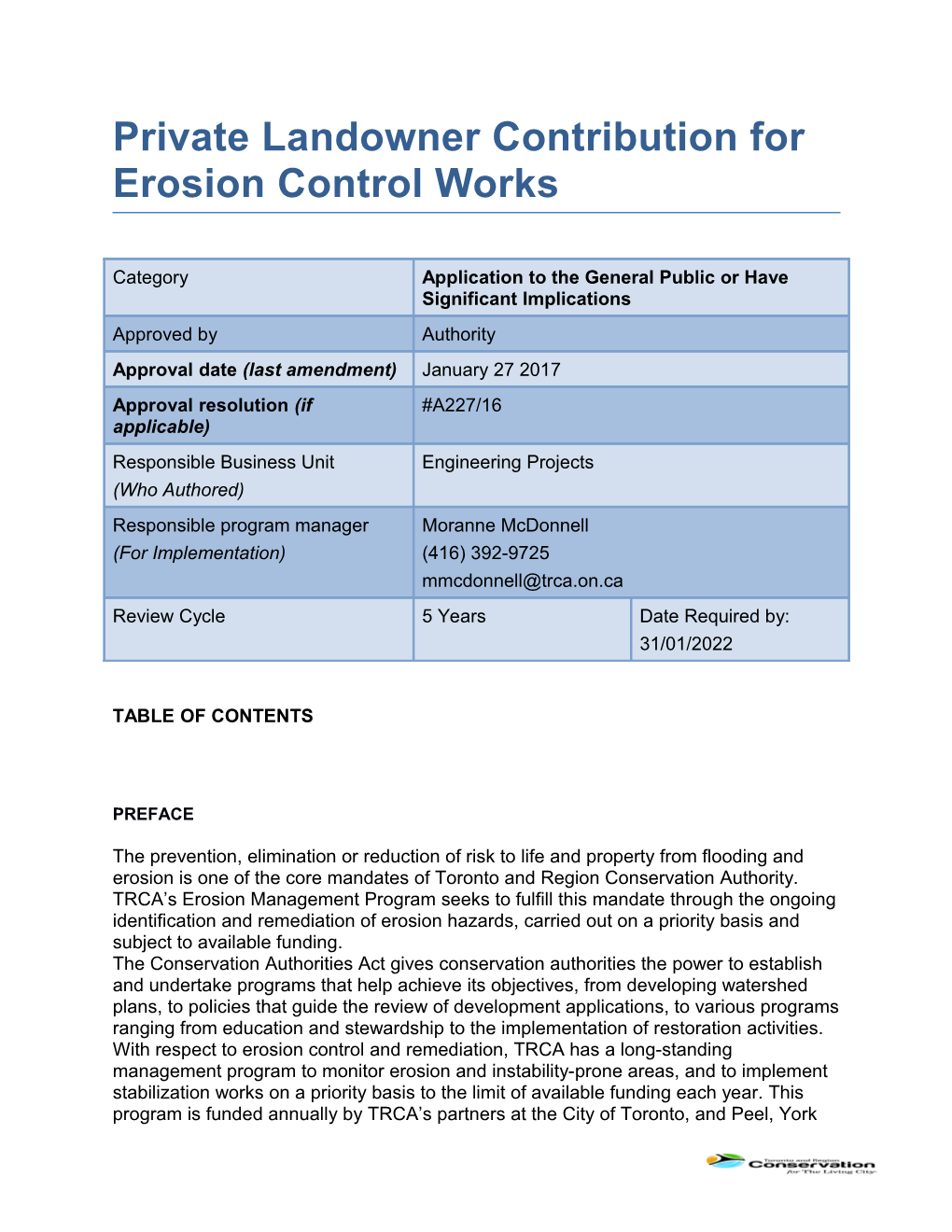 Private Landowner Contribution for Erosion Control Works