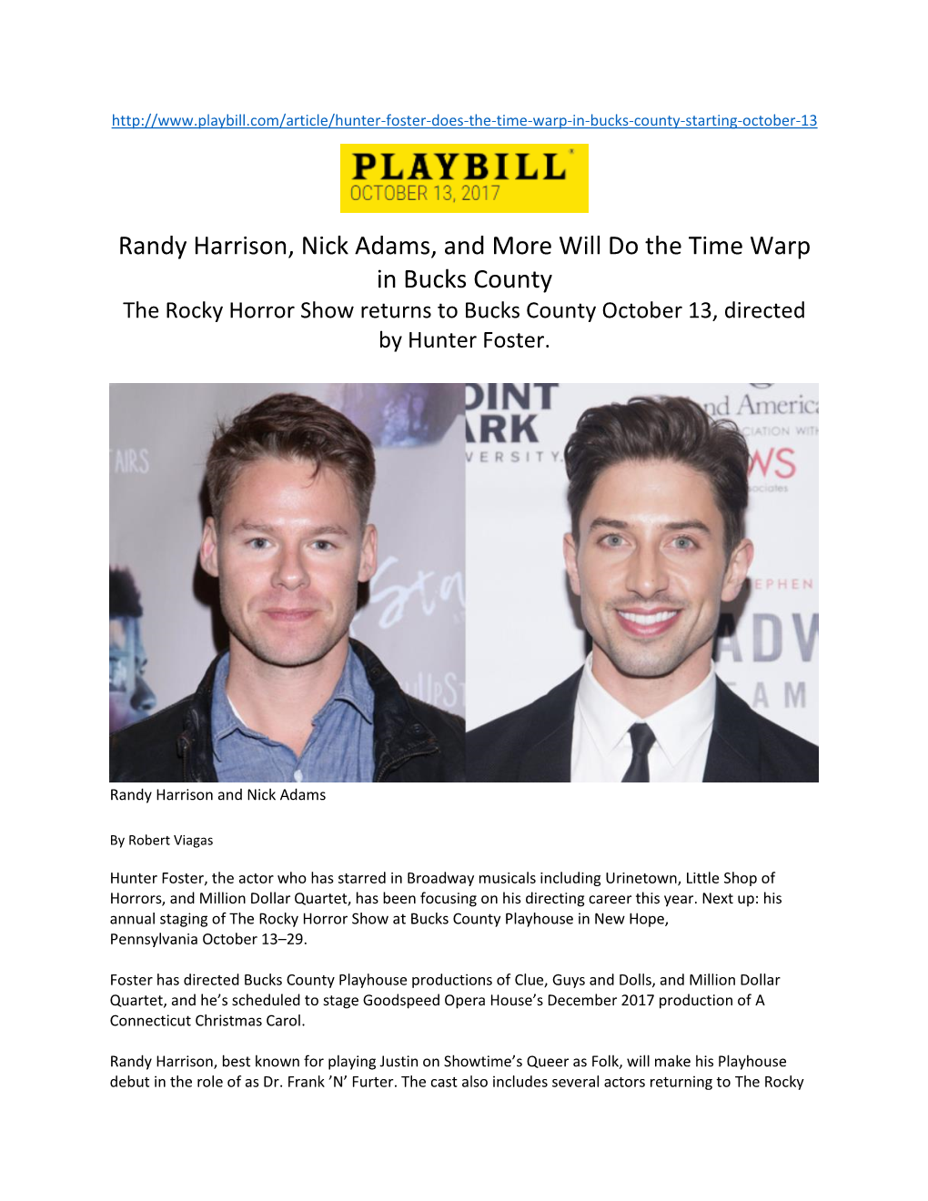 Randy Harrison, Nick Adams, and More Will Do the Time Warp in Bucks County the Rocky Horror Show Returns to Bucks County October 13, Directed by Hunter Foster