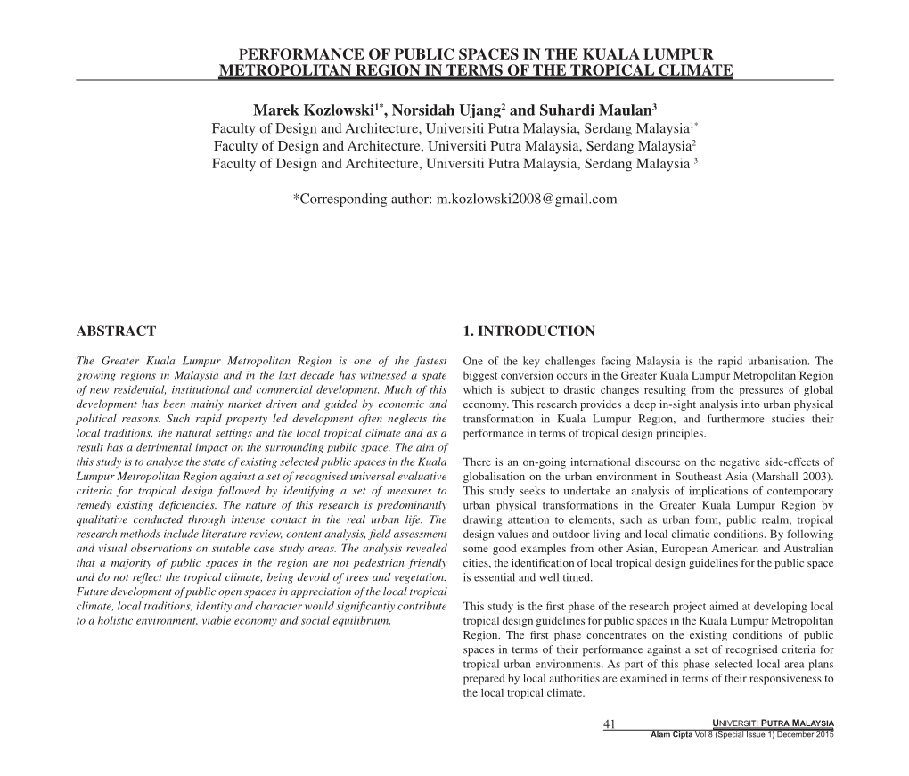 Performance of Public Spaces in the Kuala Lumpur Metropolitan Region in Terms of the Tropical Climate