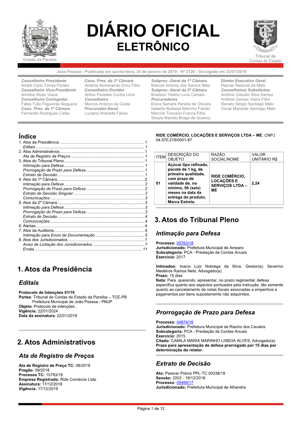 Diário Oficial Eletrônico Do TCE-PB - Publicado Em Quinta-Feira, 24 De Janeiro De 2019 - Nº 2126
