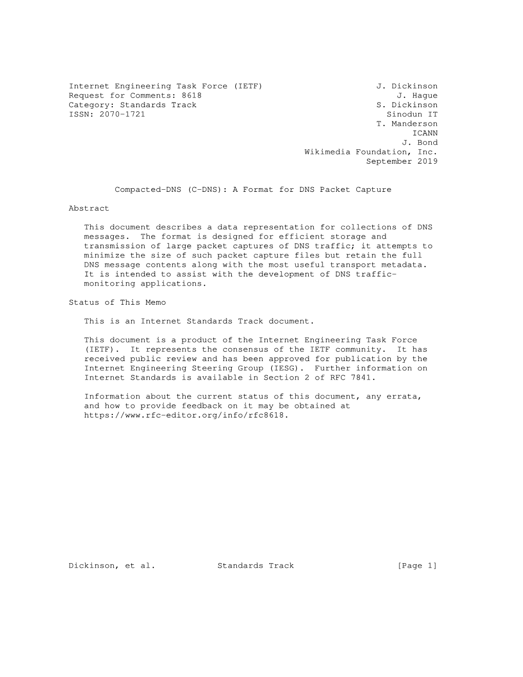 Internet Engineering Task Force (IETF) J. Dickinson Request for Comments: 8618 J