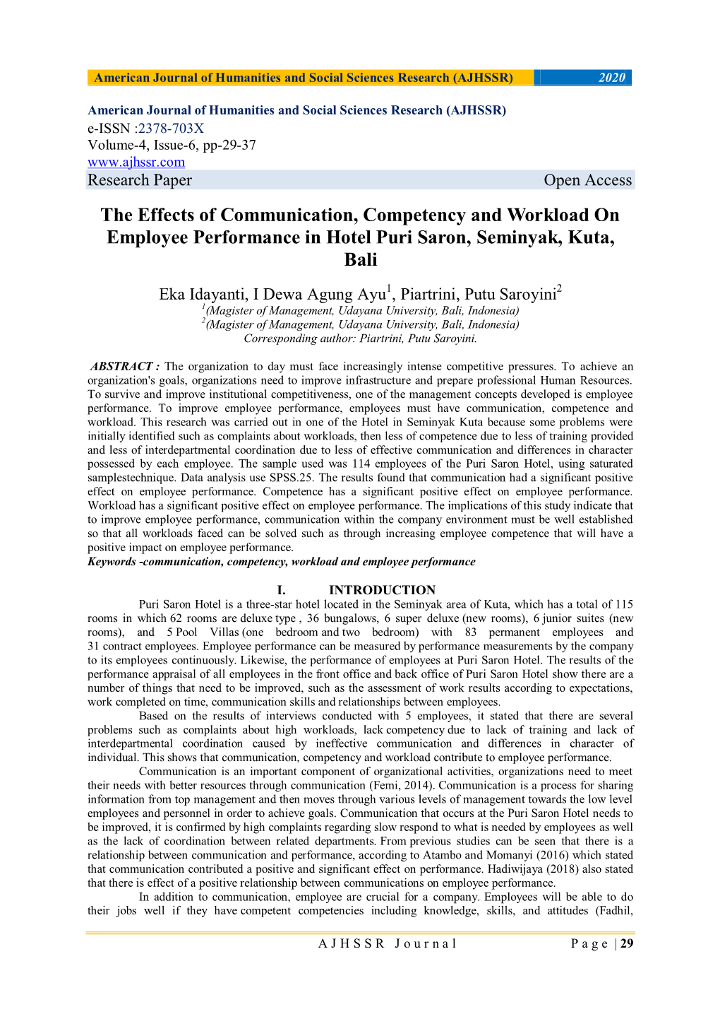 The Effects of Communication, Competency and Workload on Employee Performance in Hotel Puri Saron, Seminyak, Kuta, Bali