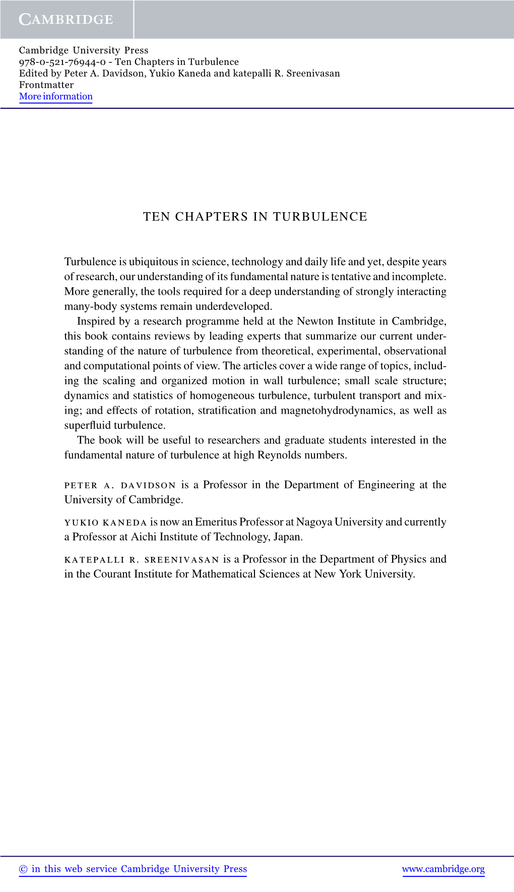 Ten Chapters in Turbulence Edited by Peter A