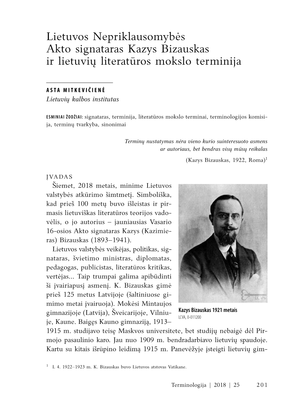 Lietuvos Nepriklausomybės Akto Signataras Kazys Bizauskas Ir Lietuvių Literatūros Mokslo Terminija