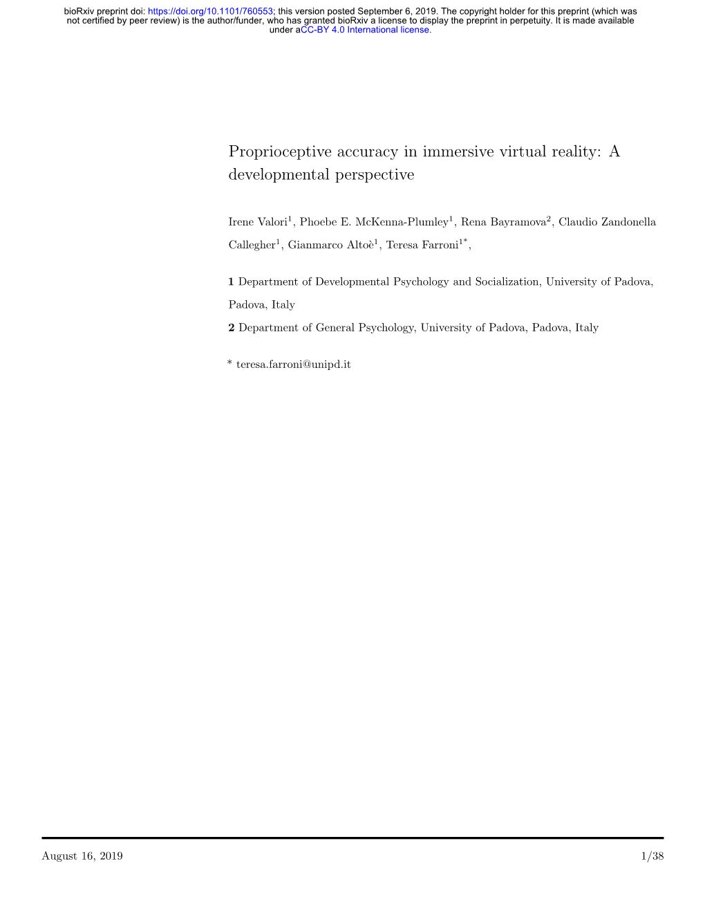Proprioceptive Accuracy in Immersive Virtual Reality: a Developmental Perspective
