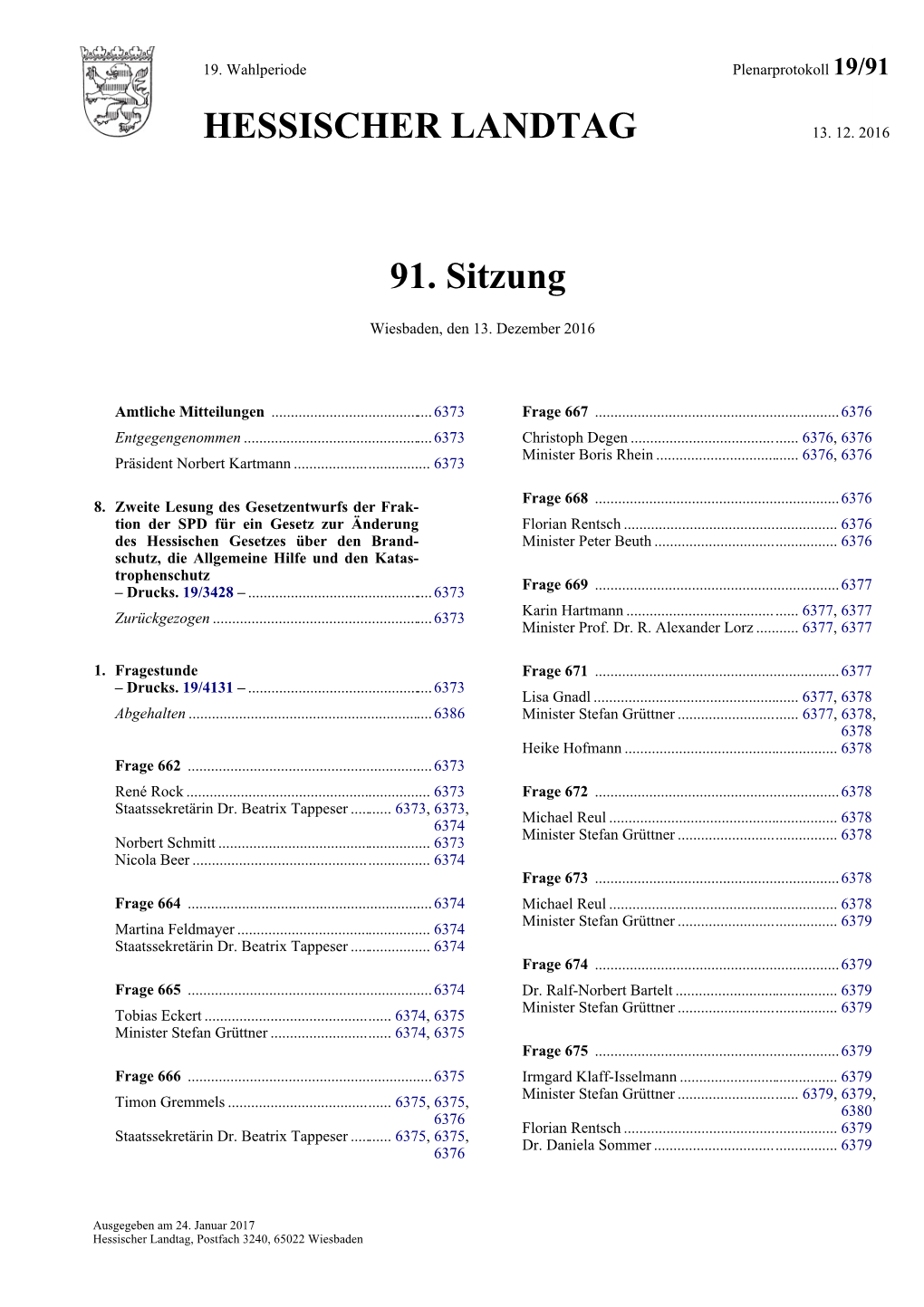 HESSISCHER LANDTAG 91. Sitzung