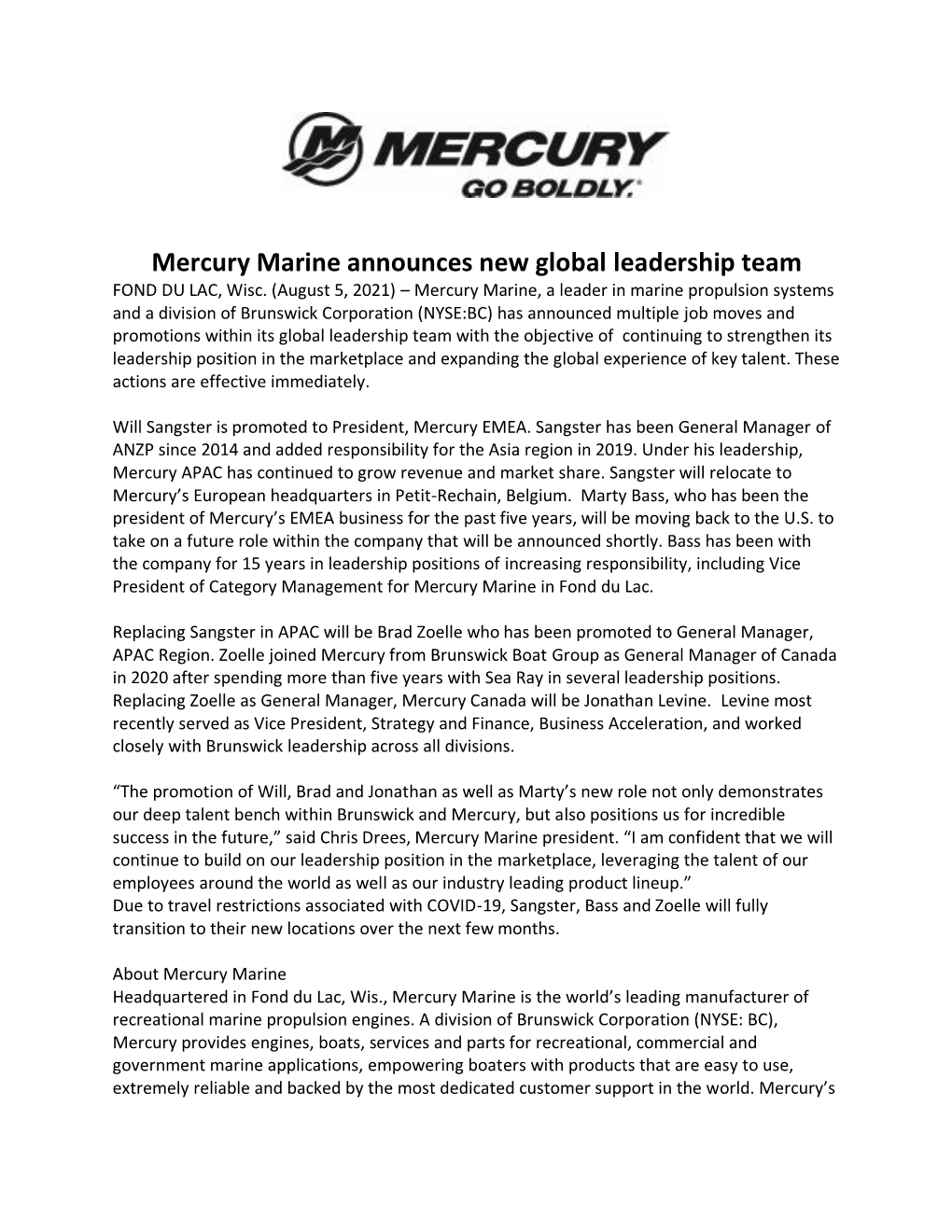 Mercury Marine Announces New Global Leadership Team FOND DU LAC, Wisc