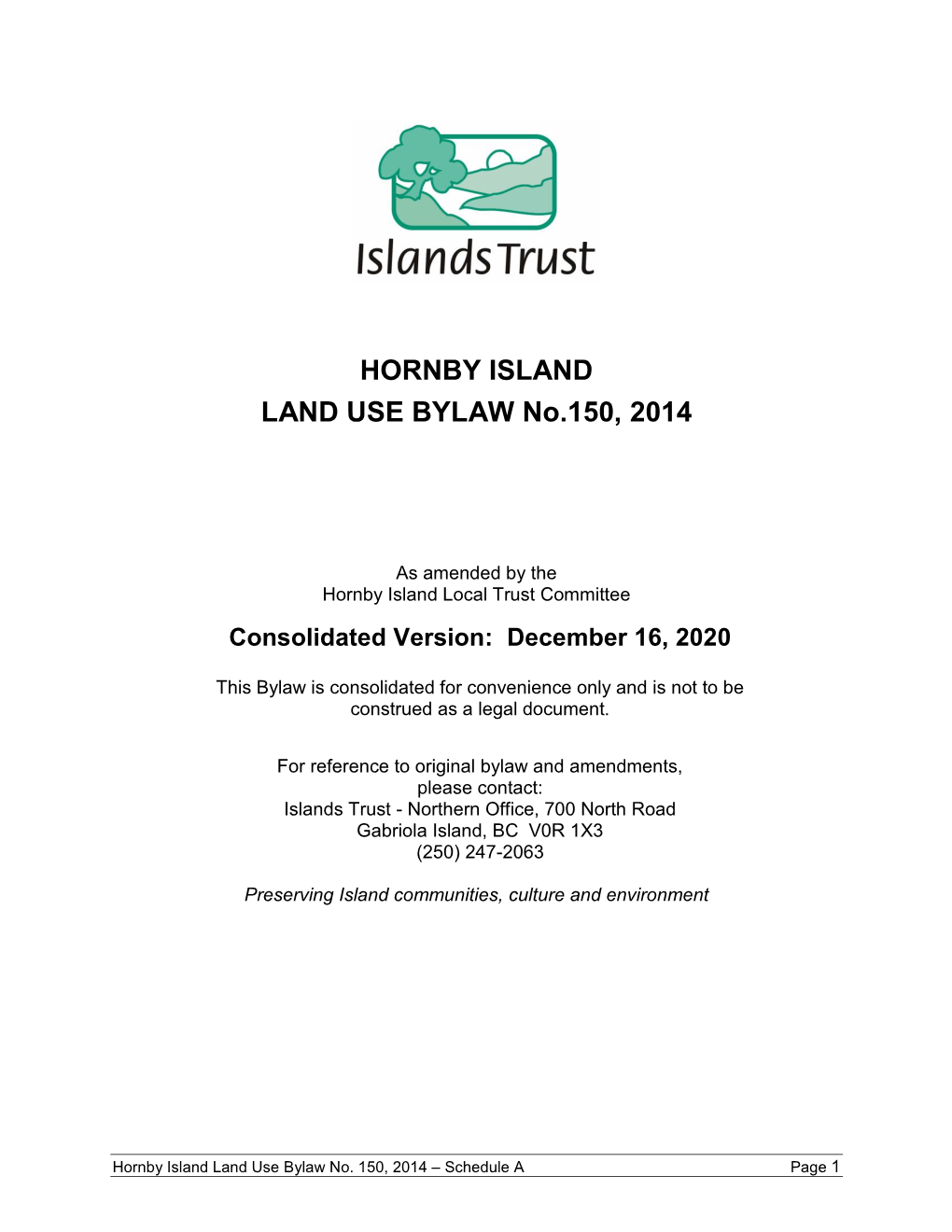 HORNBY ISLAND LAND USE BYLAW No.150, 2014
