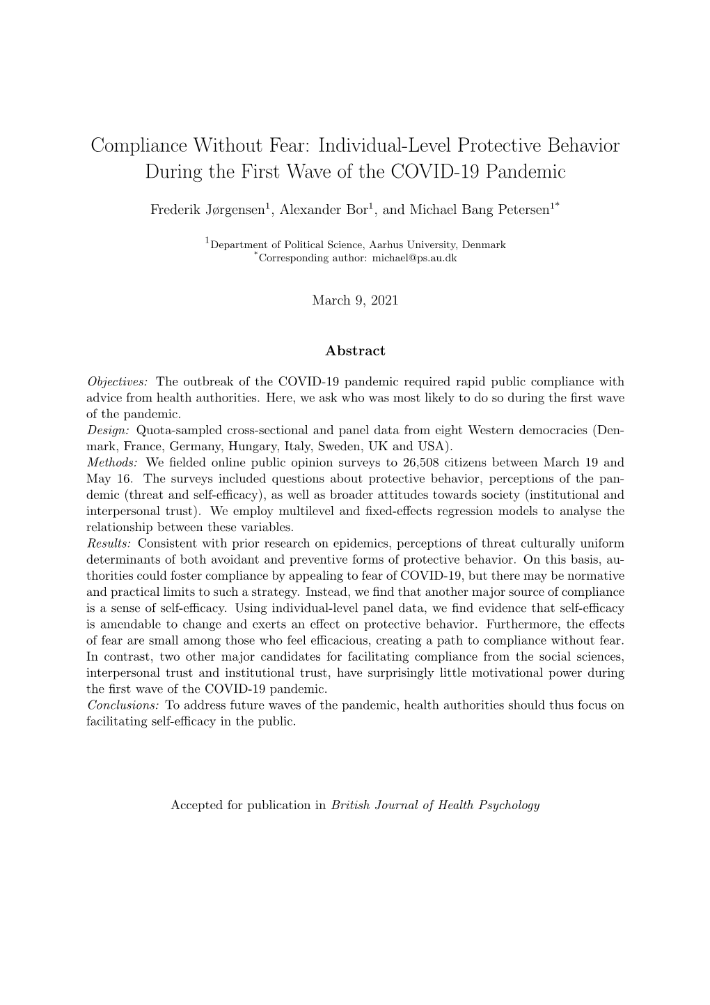 Individual-Level Protective Behavior During the First Wave of the COVID-19 Pandemic