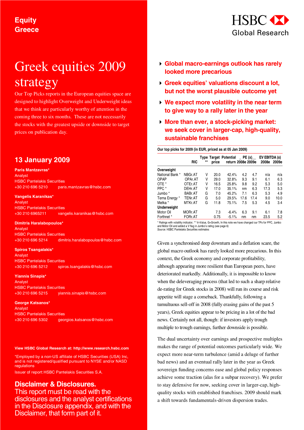 Greek Equities 2009 Strategy-Our Top Picks Reports in the European