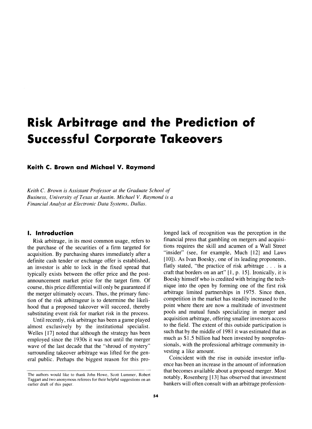 Risk Arbitrage and the Prediction of Successful Corporate Takeovers