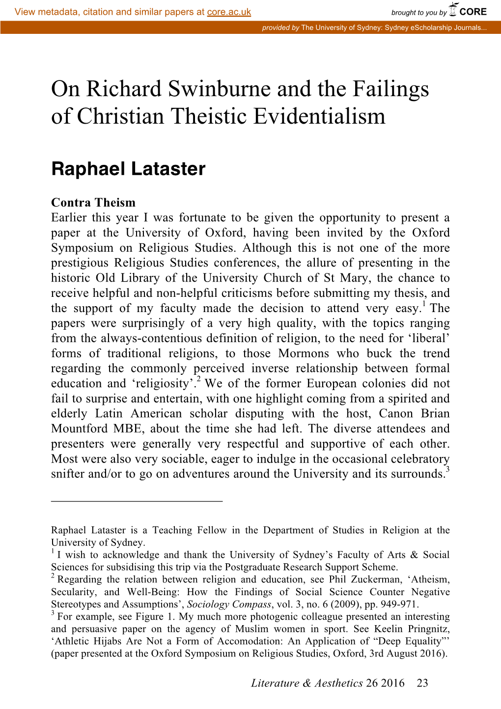 On Richard Swinburne and the Failings of Christian Theistic Evidentialism