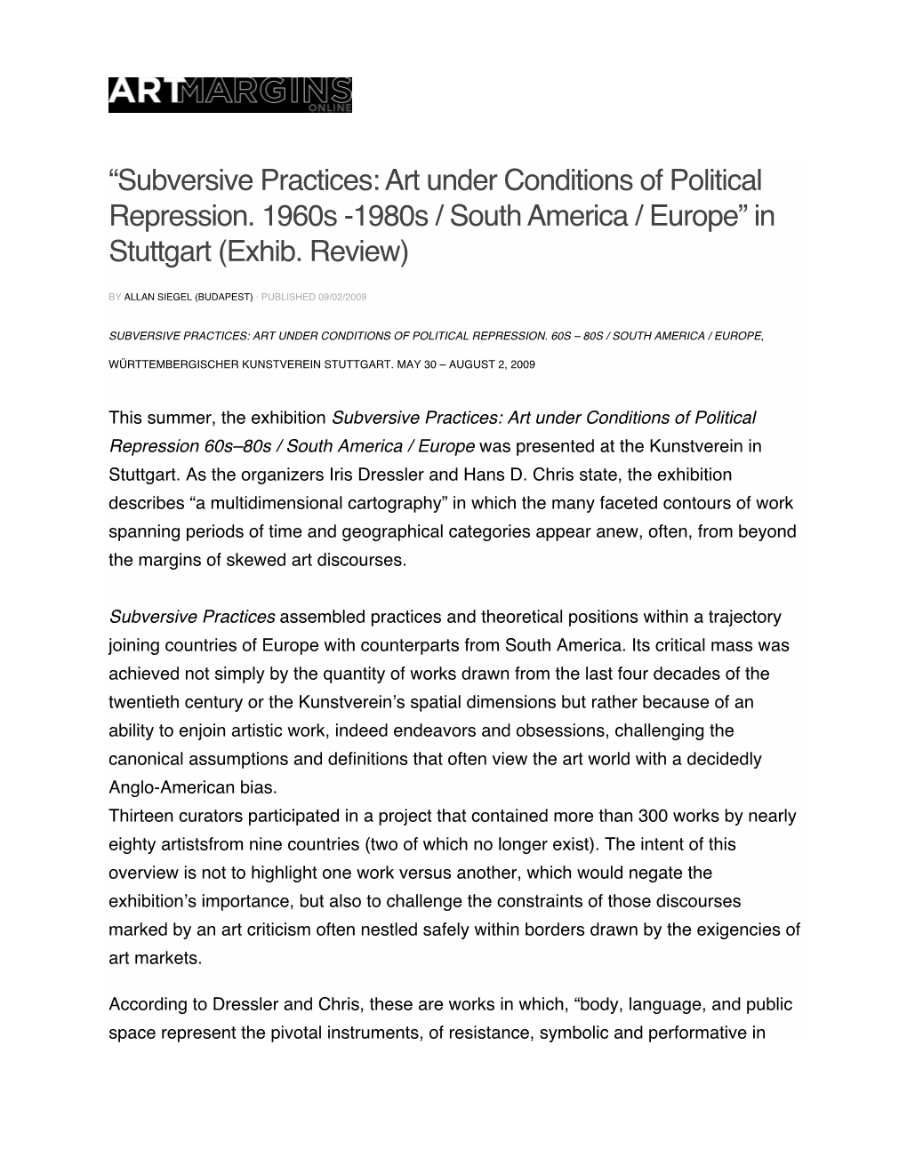 “Subversive Practices: Art Under Conditions of Political Repression