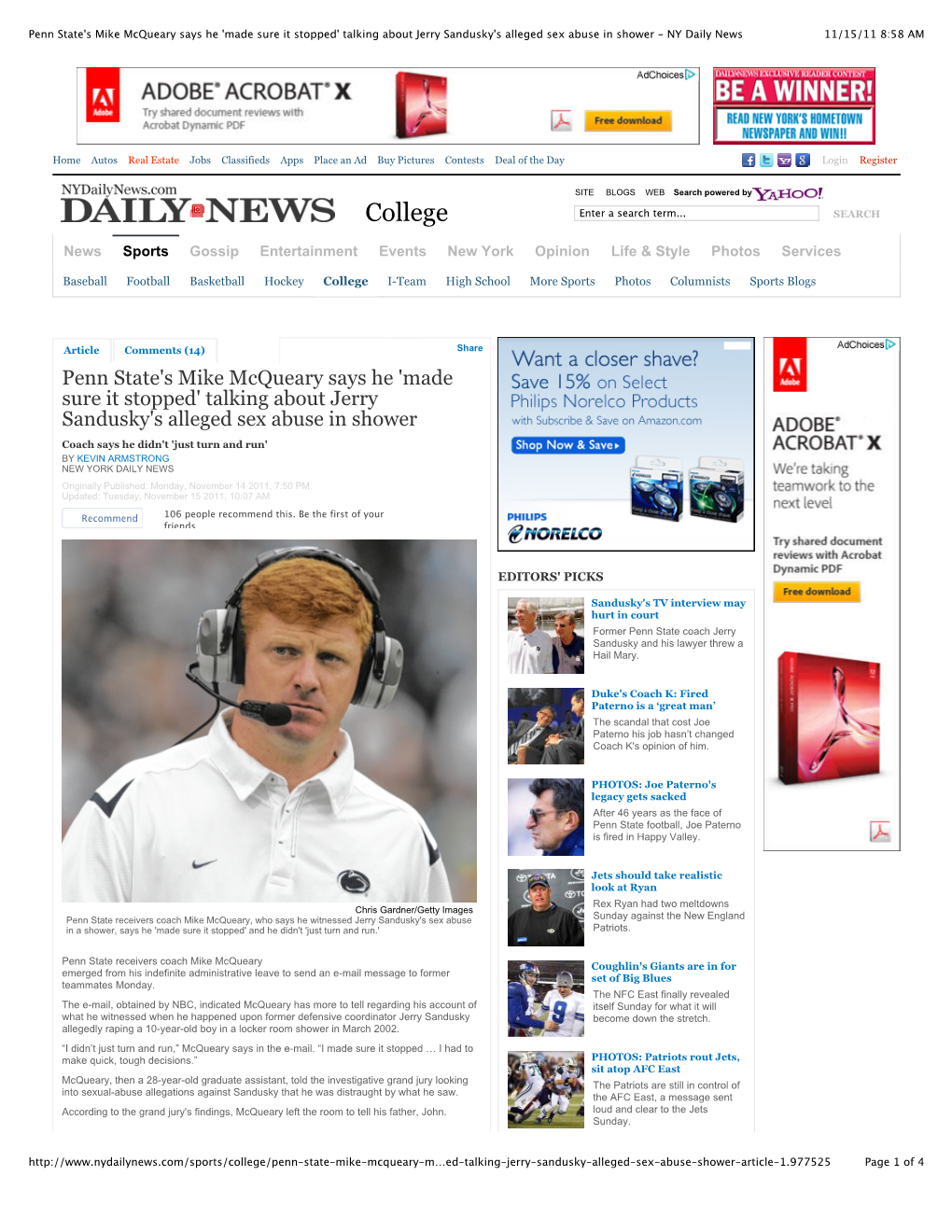 Penn State's Mike Mcqueary Says He 'Made Sure It Stopped' Talking About Jerry Sandusky's Alleged Sex Abuse in Shower - NY Daily News 11/15/11 8:58 AM